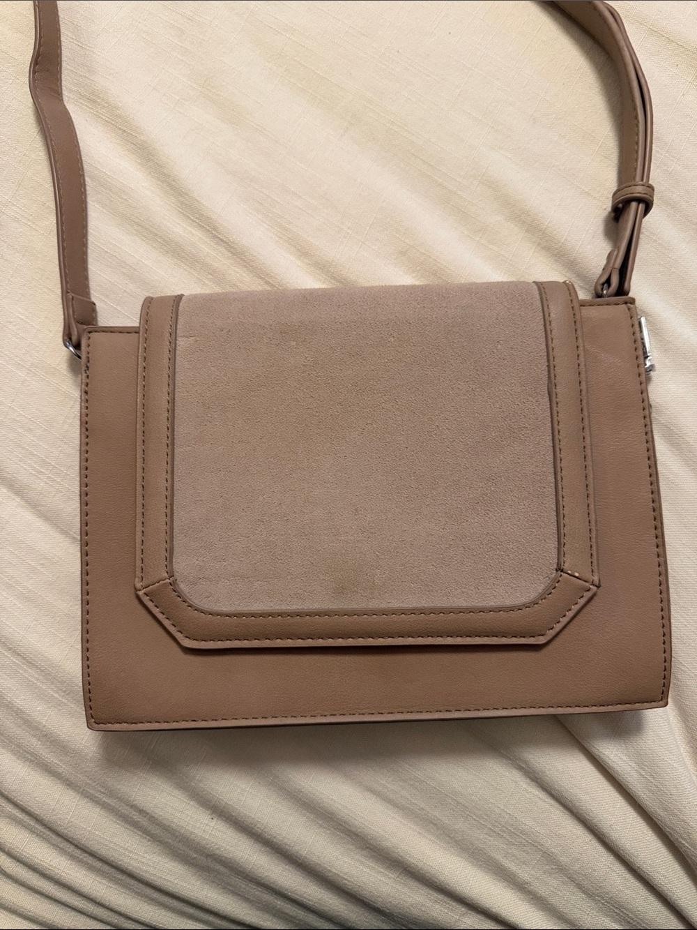 Madison West Taupe Crossbody Bag with Suede Flap